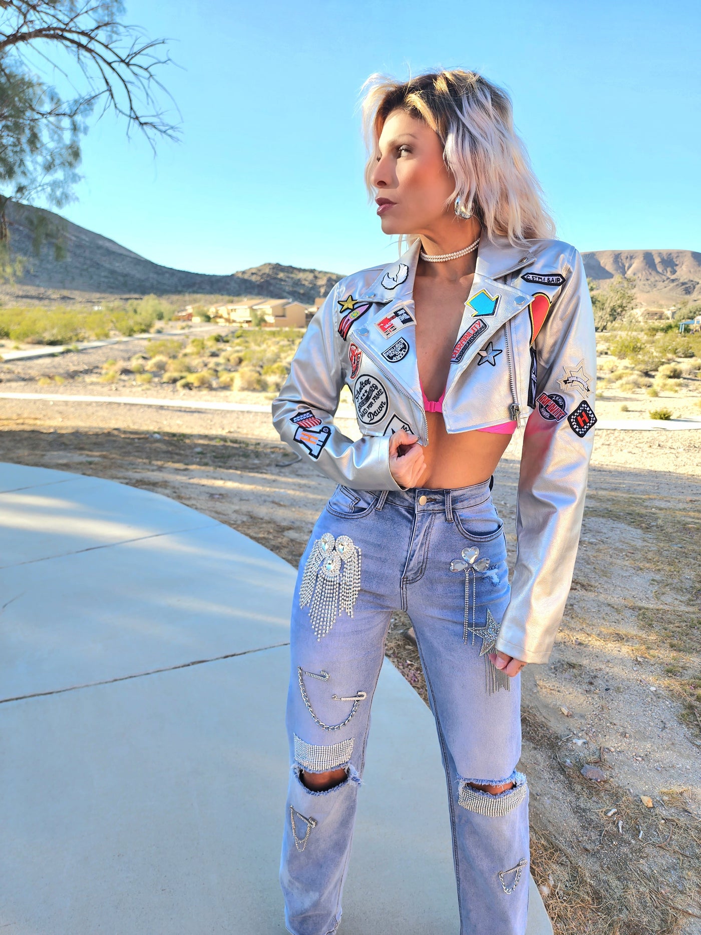 Silver patched crop jacket