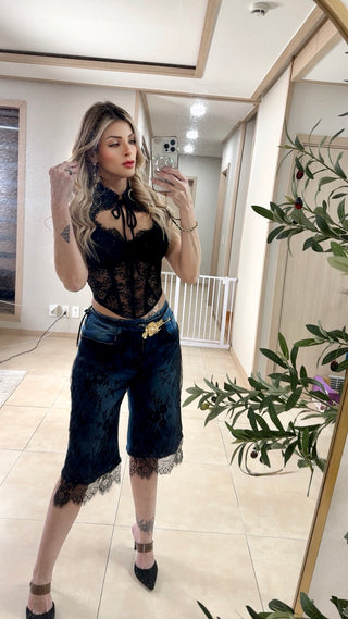 Bermuda denim black lace pants