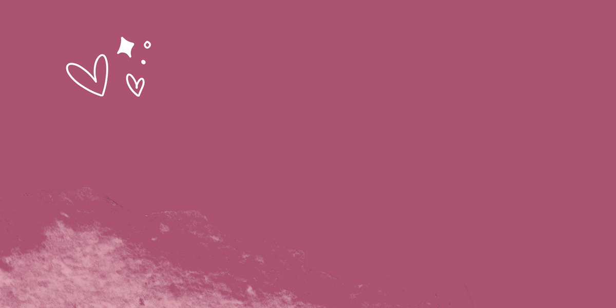 Woman in a blue patterned top and white pants holding cherries on a pink background with heart designs.