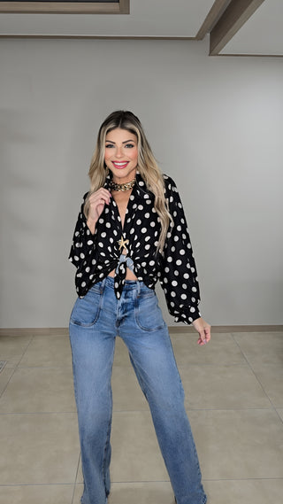 Black Silky polka dots blouse top