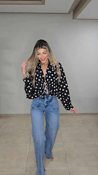Black Silky polka dots blouse top