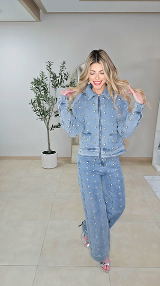 Denim Temple Studded pants set