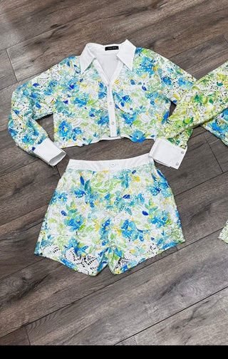 Blue green tea shorts set