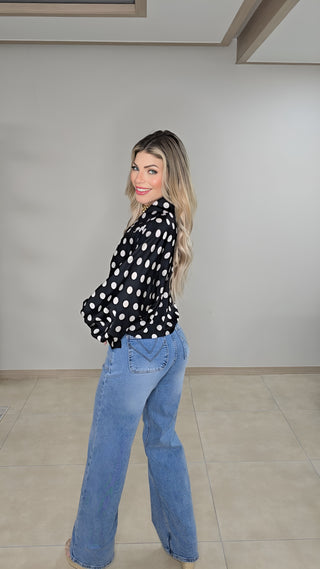 Black Silky polka dots blouse top