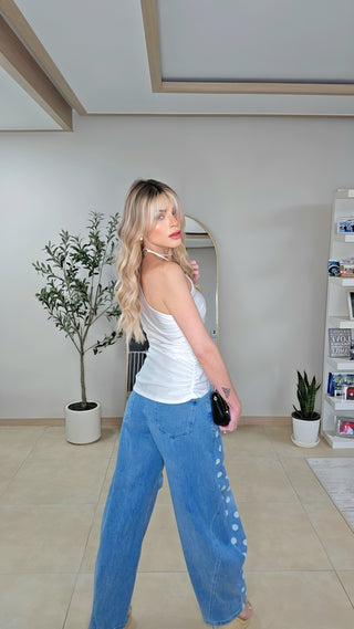 Polka on denim pants