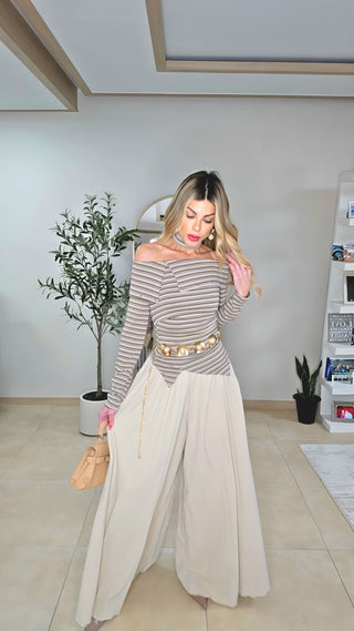 Cream pearls pleated belted pants