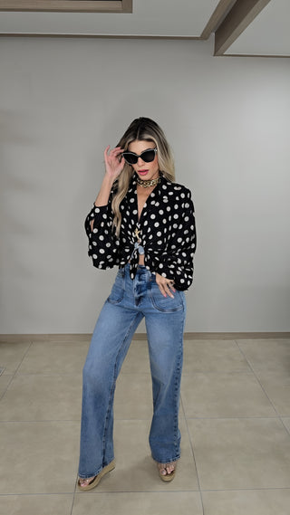 Black Silky polka dots blouse top