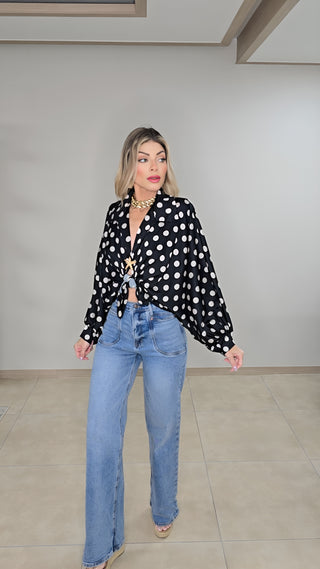 Black Silky polka dots blouse top