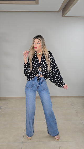 Black Silky polka dots blouse top