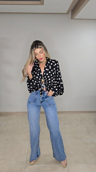 Black Silky polka dots blouse top