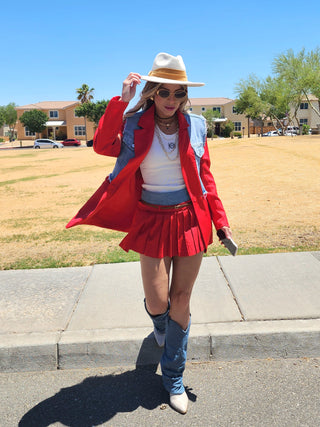 Red denim waist skirt