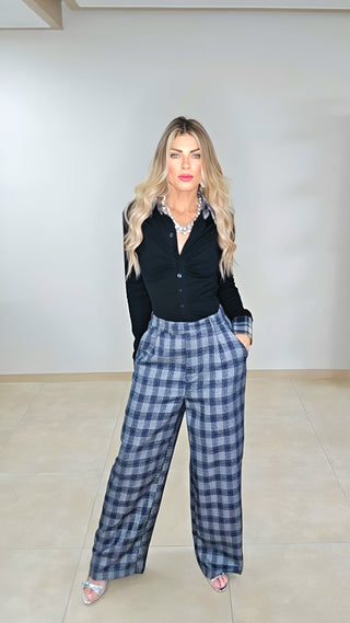 Blue & gray plaid trouser pants